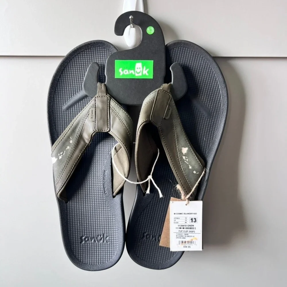 Sanuk Mens Cosmic Islander H2O Flip Flops Green Sand 1139410-GNSN Size 13‎ NEW